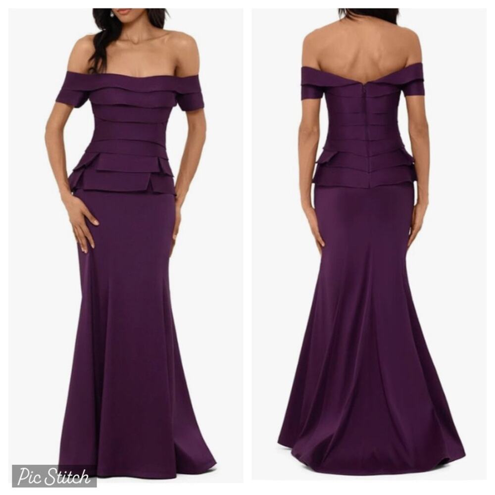 Xscape Purple Off-Shoulder Peplum Gown